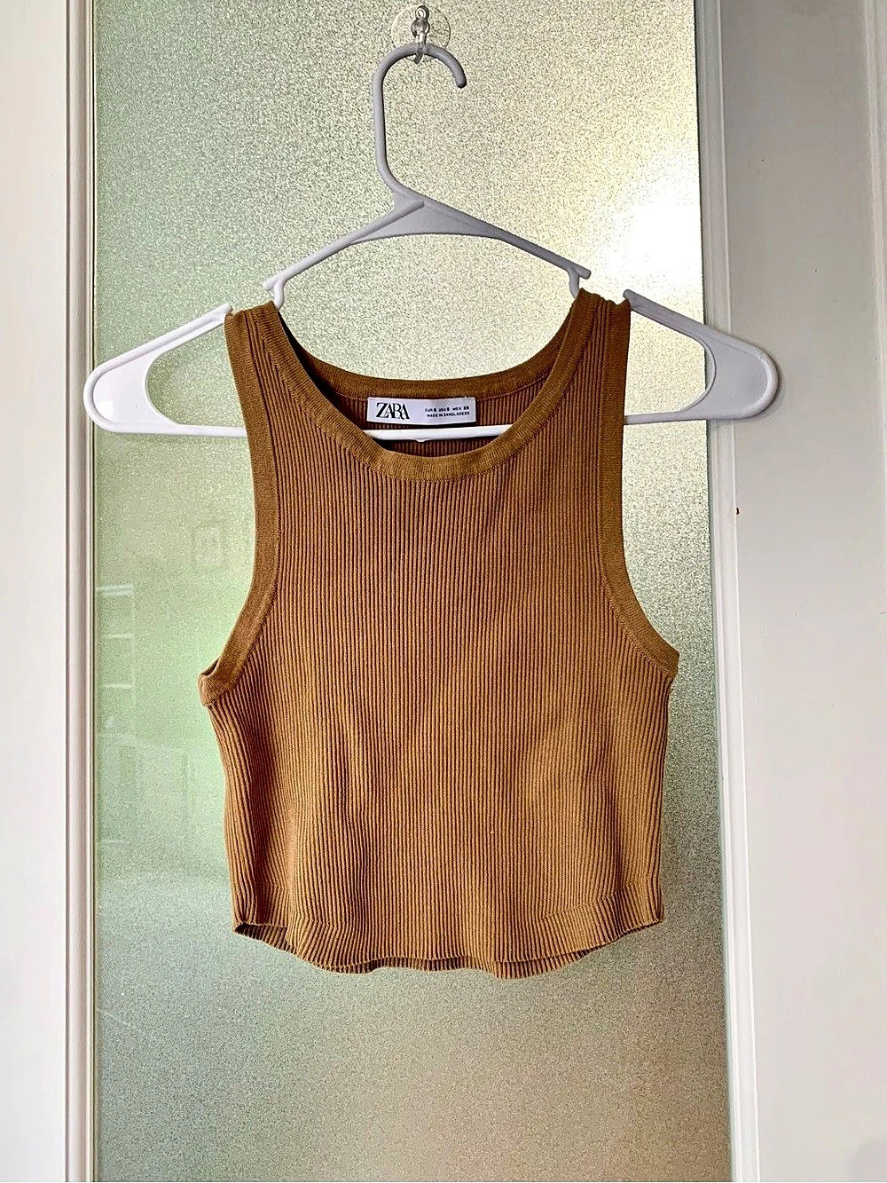 Zara Knit Ribbed High-Neck Cropped Tank Top - Camel Tan Size S